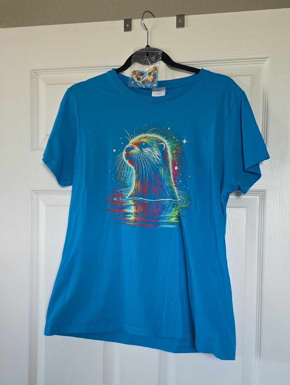Women's Short Sleeve Teal Blue Graphic Tee - Neon Otter Design